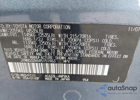 2008 Toyota Rav4 from USA, damaged, VIN JTMBD33V685151963